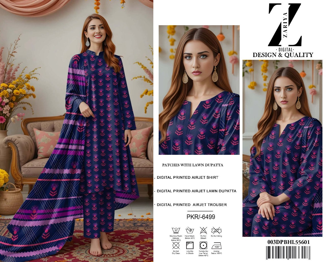 3 Piece Allover Digital Print Lawn