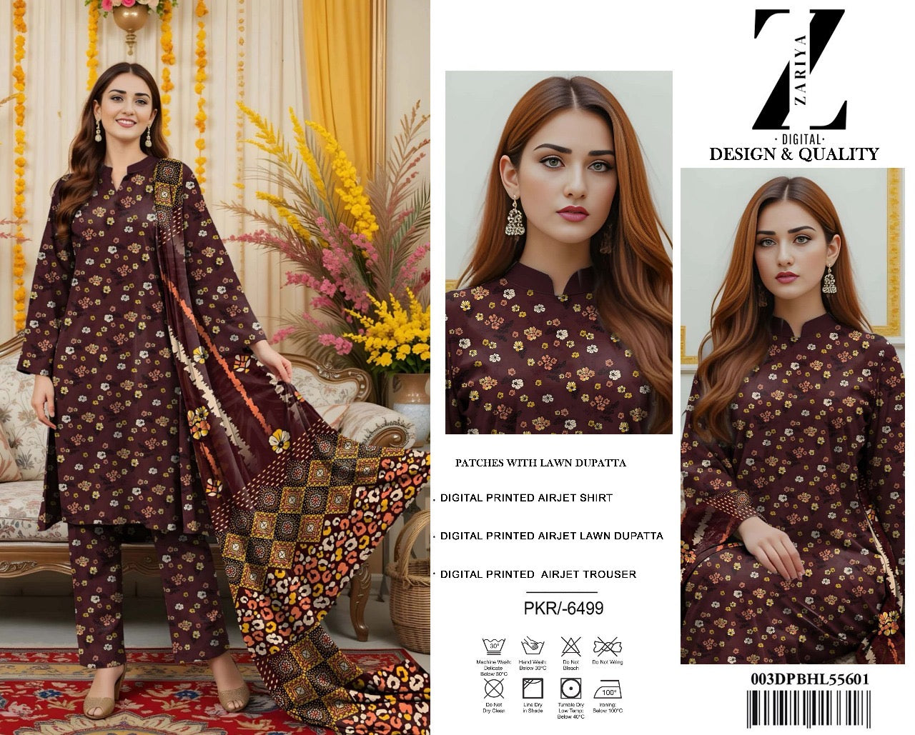 3 Piece Allover Digital Print Lawn