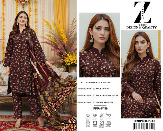3 Piece Allover Digital Print Lawn