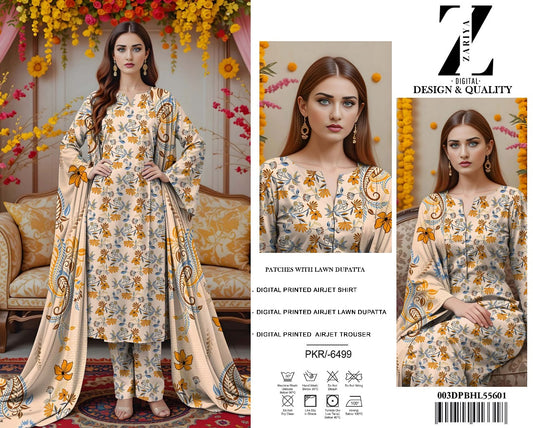 3 Piece Allover Digital Print Lawn