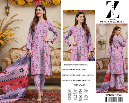 3 Piece Allover Digital Print Lawn