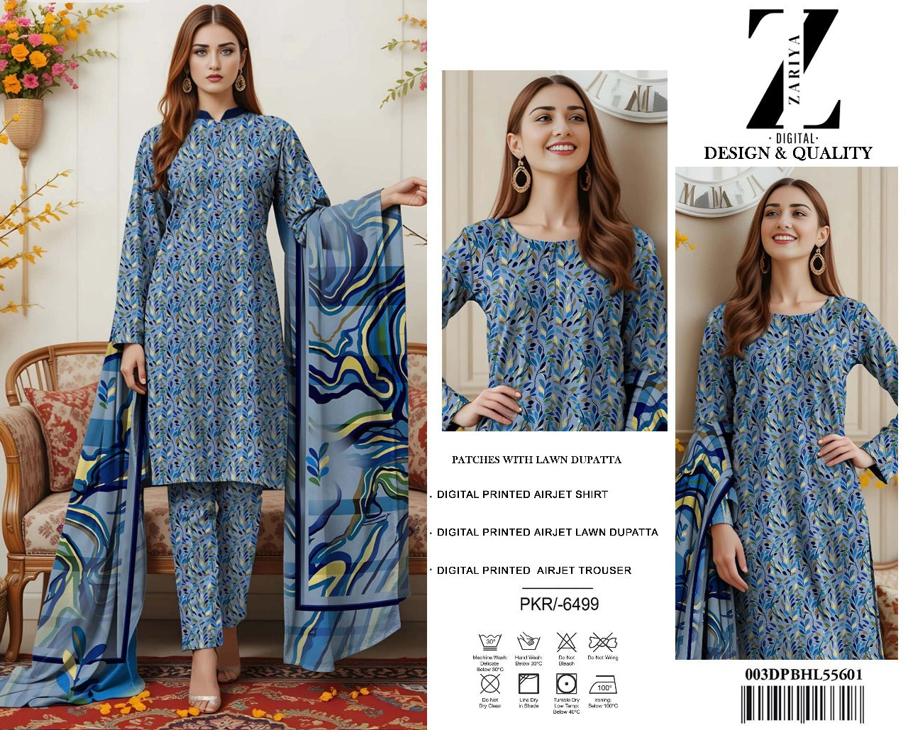 3 Piece Allover Digital Print Lawn
